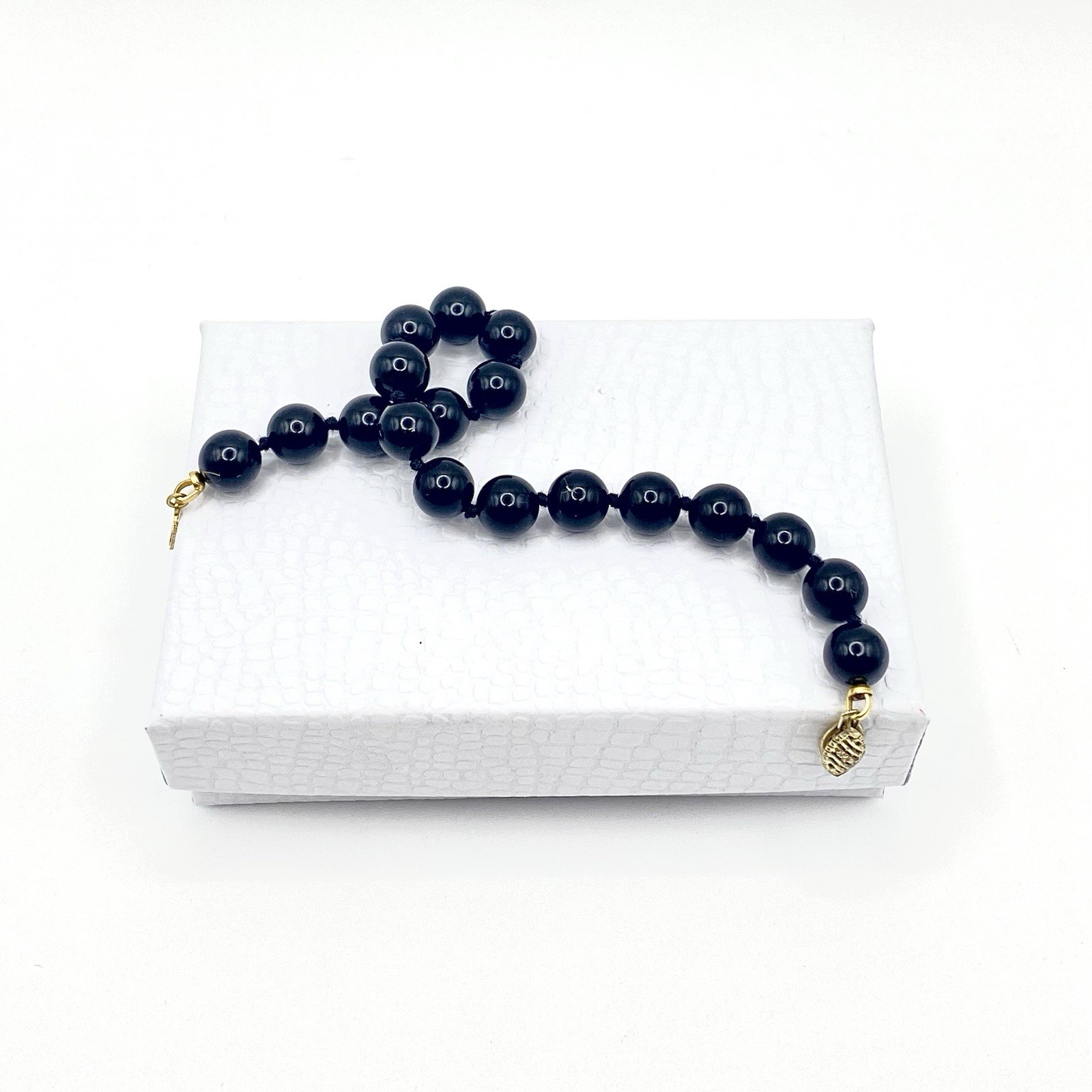 Vintage Black Round Beads Bracelet 925 Sterling Silver Clasp Gold Tone Hand Knot
