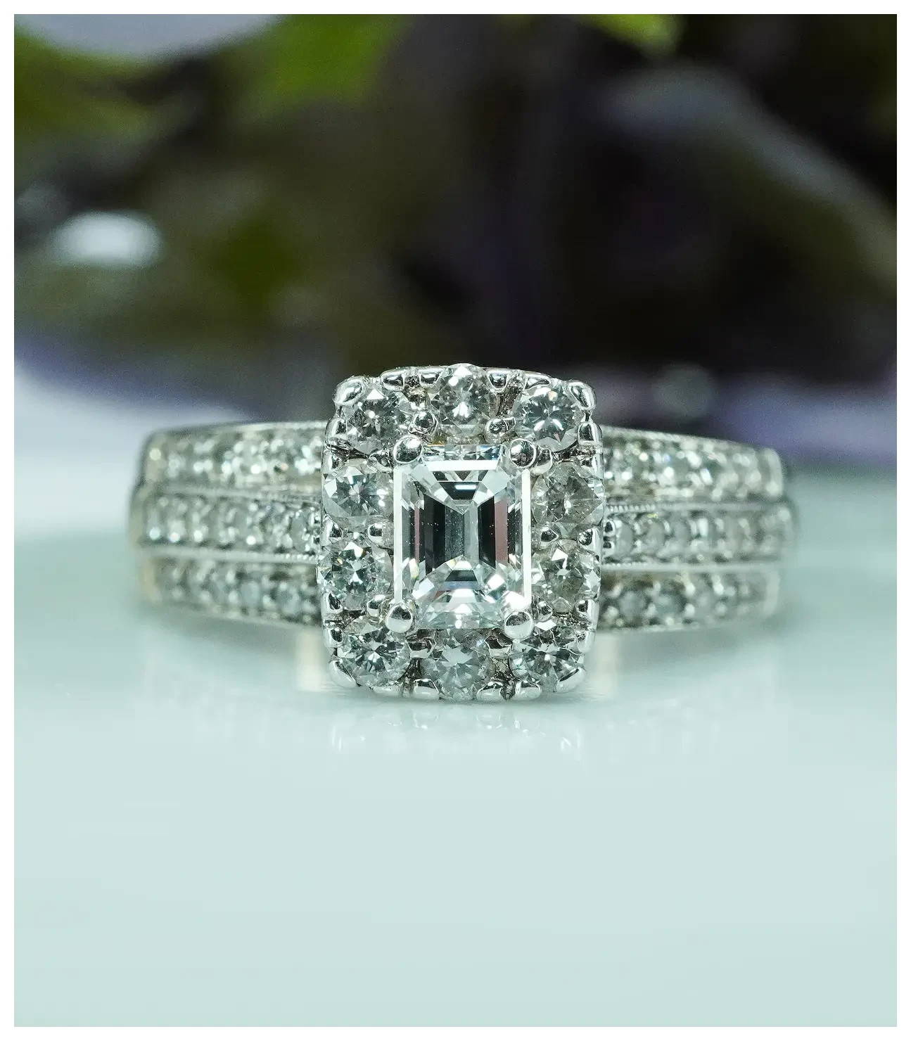 Vintage 14K White Gold Emerald Cut Diamond Halo Engagement Right Hand Ring