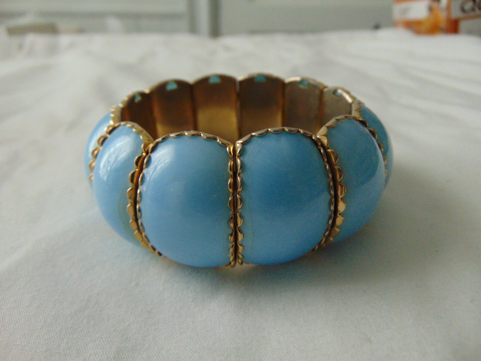 vintage antique blue plastic gold trim metal expandable bracelet