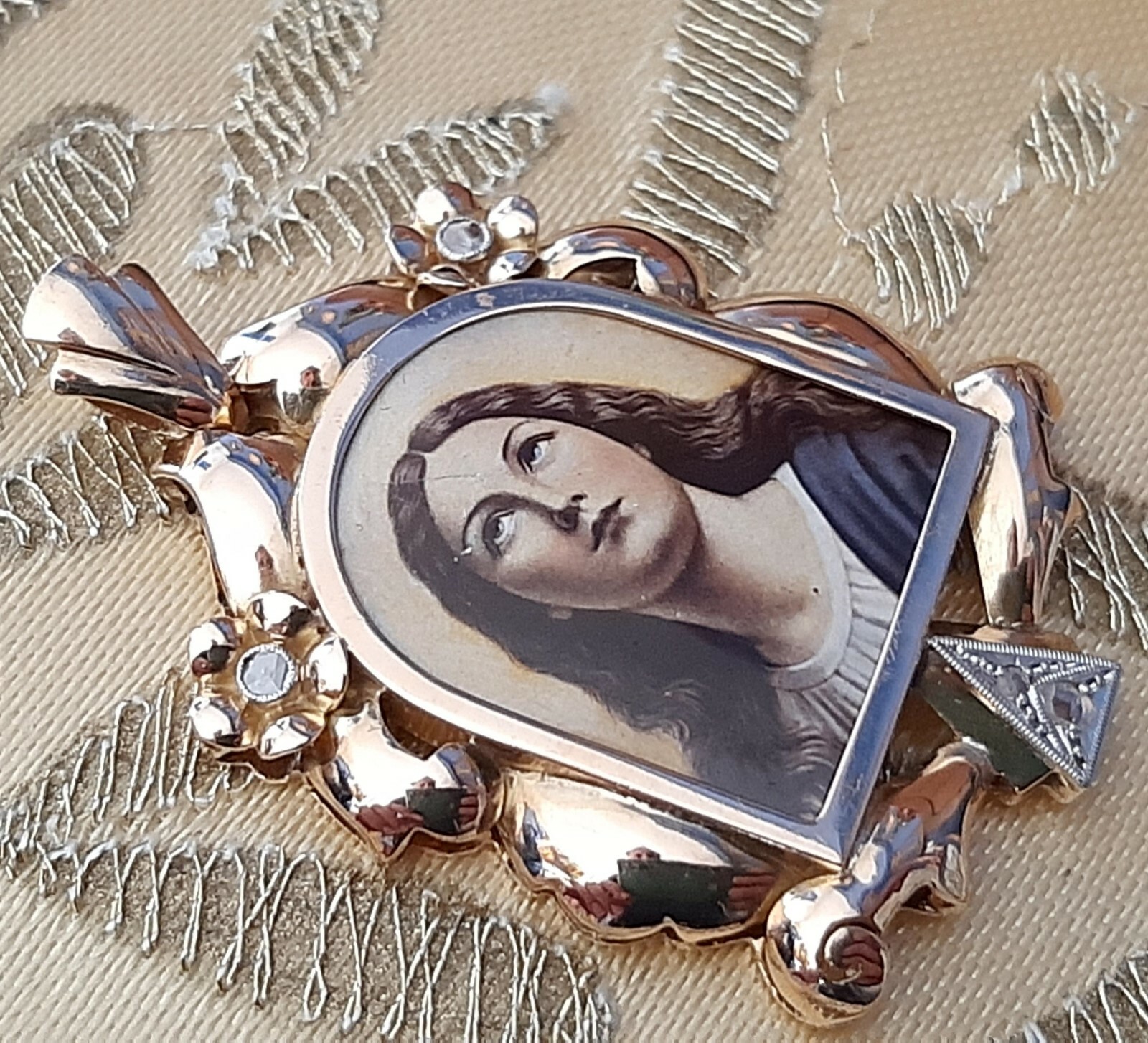 Fine Antique Art Deco 18K 18CT Gold Diamonds Virgen Mary Medal Pendant Ca 1930