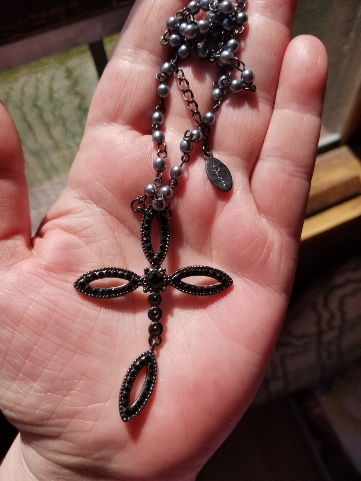 Vtg. Gwen Stefani Black Gothic Rhinestone Articulated Cross Faux Pearl Necklace