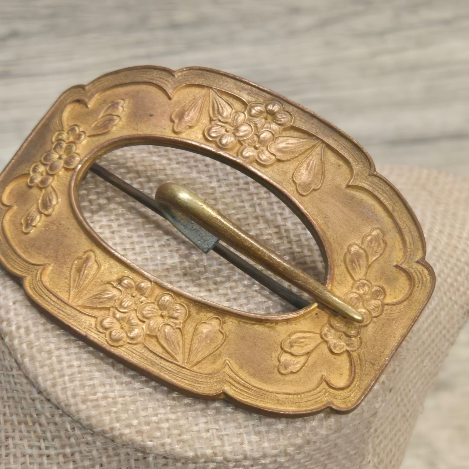 Antique Victorian Sash Pin Buckle Floral Brooch Gold Wash Brass Scarf Pin 1800s