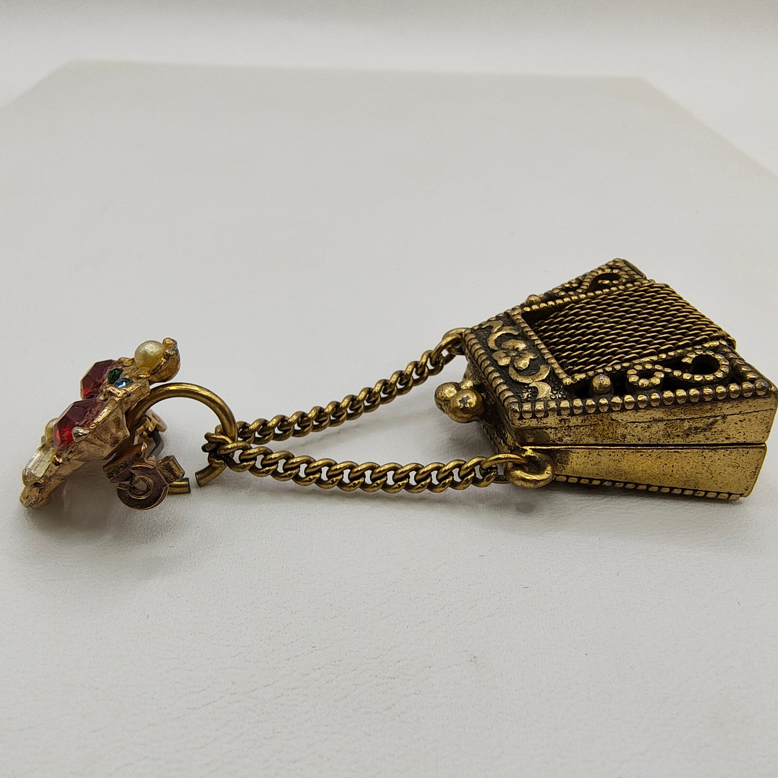 Vintage Purse Pill Box Brooch Pin Gold Tone Chatelaine Multicolor Rhinestone