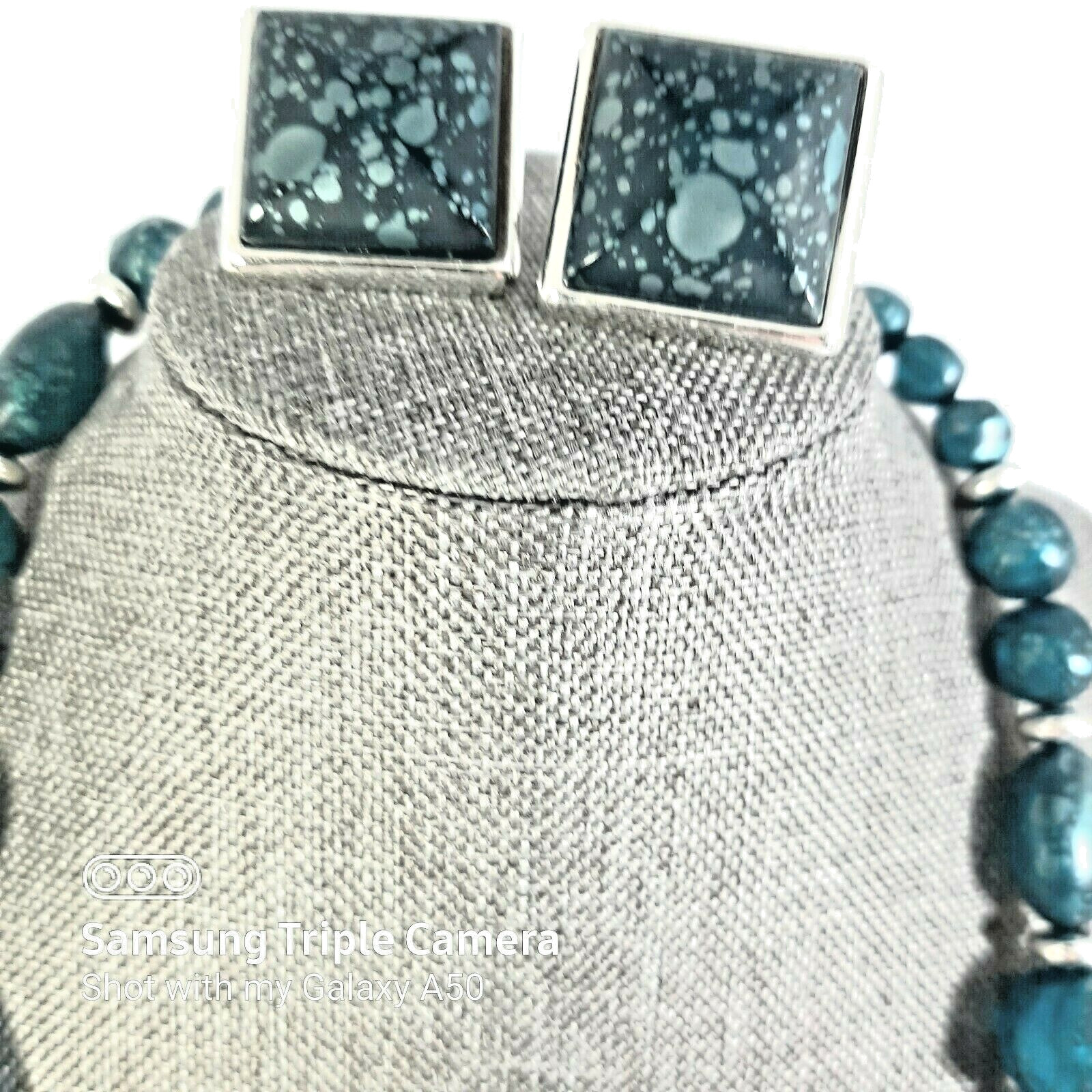 Vintage Marbled Aqua Blue Bead Long Necklace and Matching Clip On Earrings Set