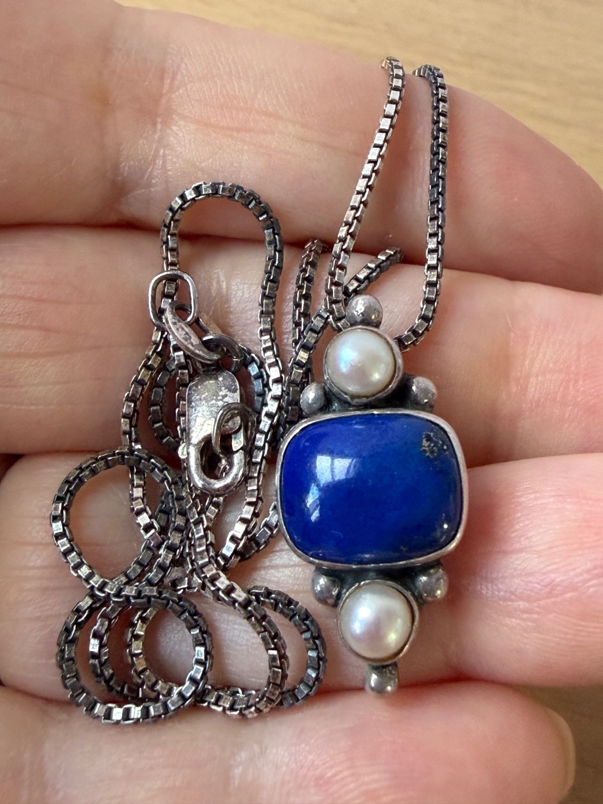 VINTAGE JGD JANICE GIRARDI LAPIS PEARL PENDANT CHAIN NECKLACE 925 STERLING SLVER