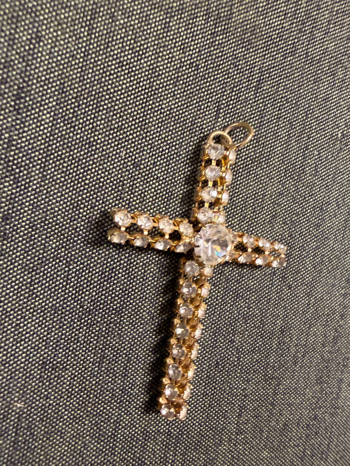 Vintage Metal and White Gem Stone 2″ Cross Pendant Gold Tone