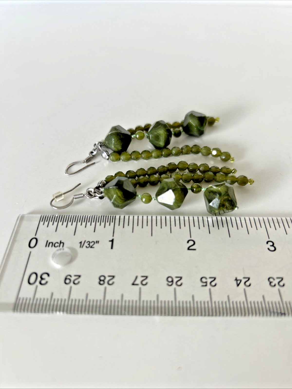 Vintage Long Lightweight Green Triple Beaded Necklace Earring Set