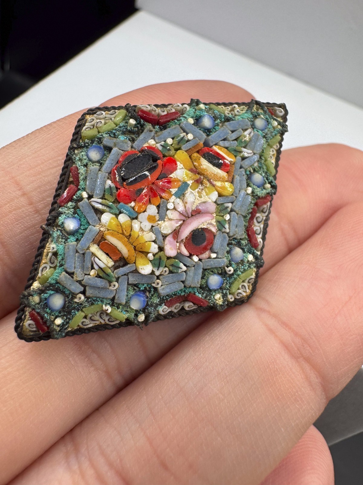 Vintage Italian Micro Mosaic Floral Brooch Pin Diamond Lozenge Glass Tile Italy
