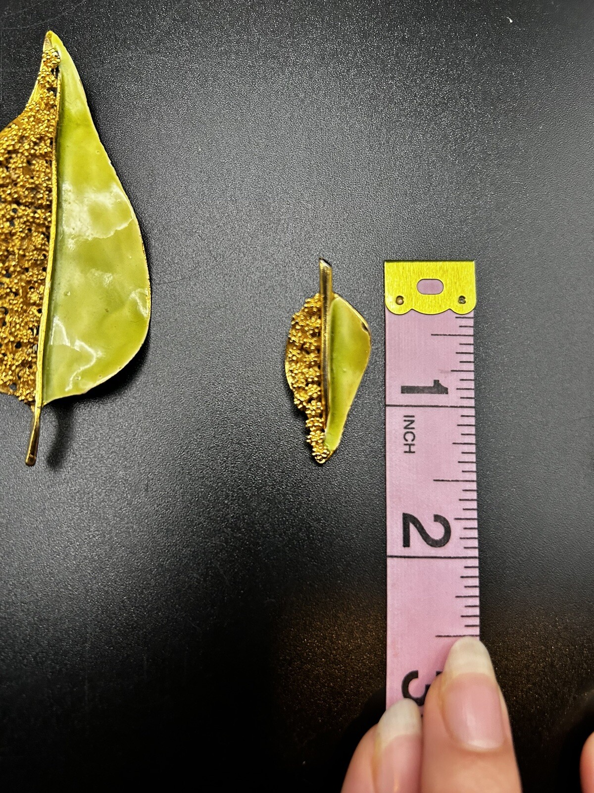 Vintage BSK Lime Green Enamel Leaf Brooch & Clip On Earrings Set