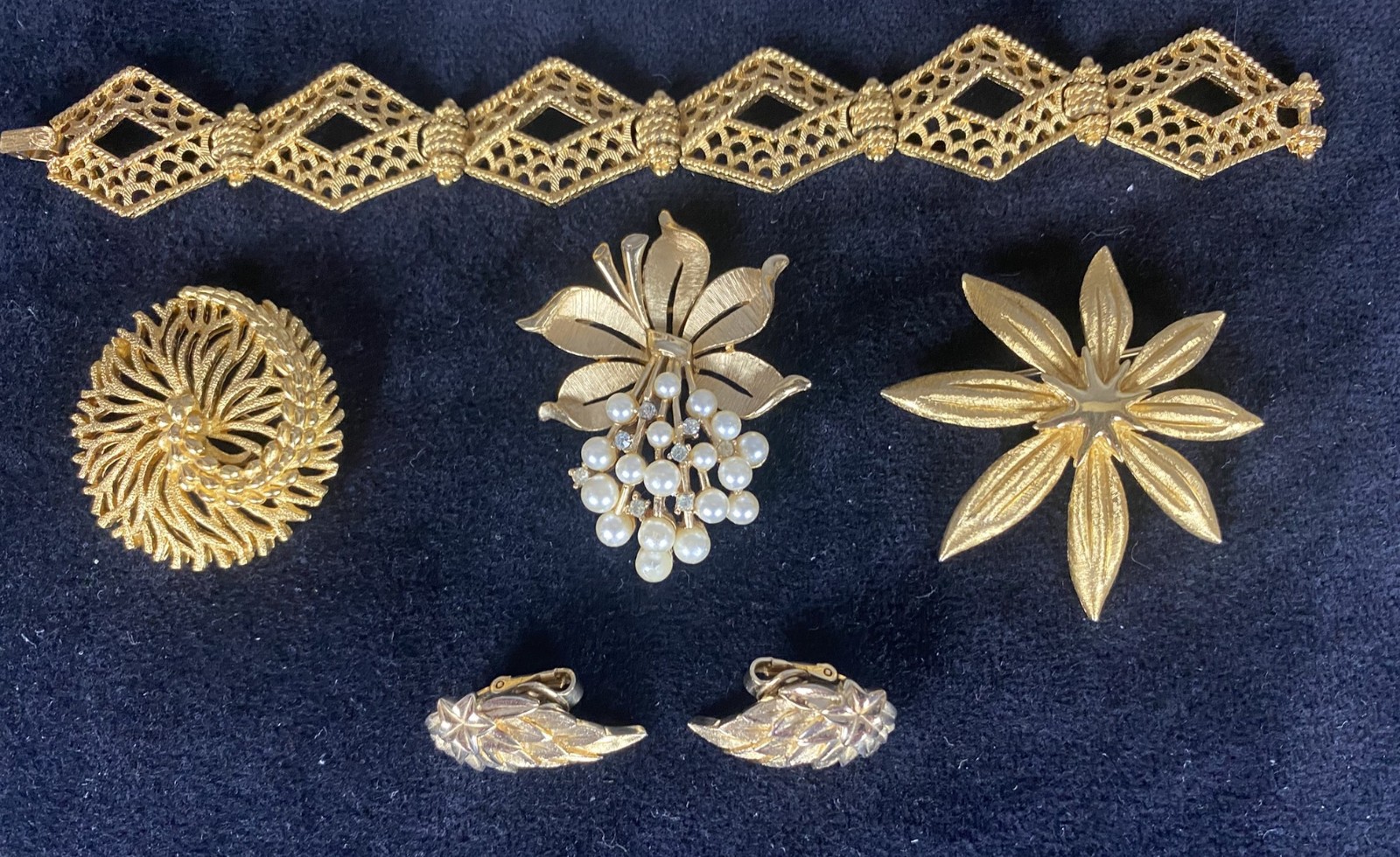 Vintage Signed Crown Trifari Jewelry, Bracelet, 3 Broochs, 4 Pair Clip Earrings