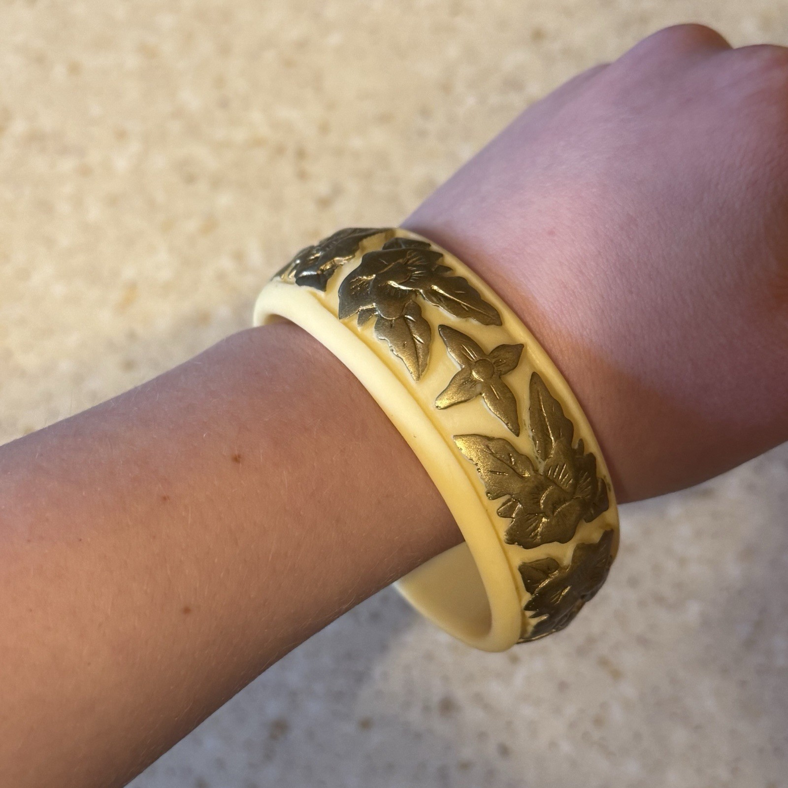 French Ivory? Celluloid Bangle Carved Floral Rose Motif Matte Finish Circa 1920?