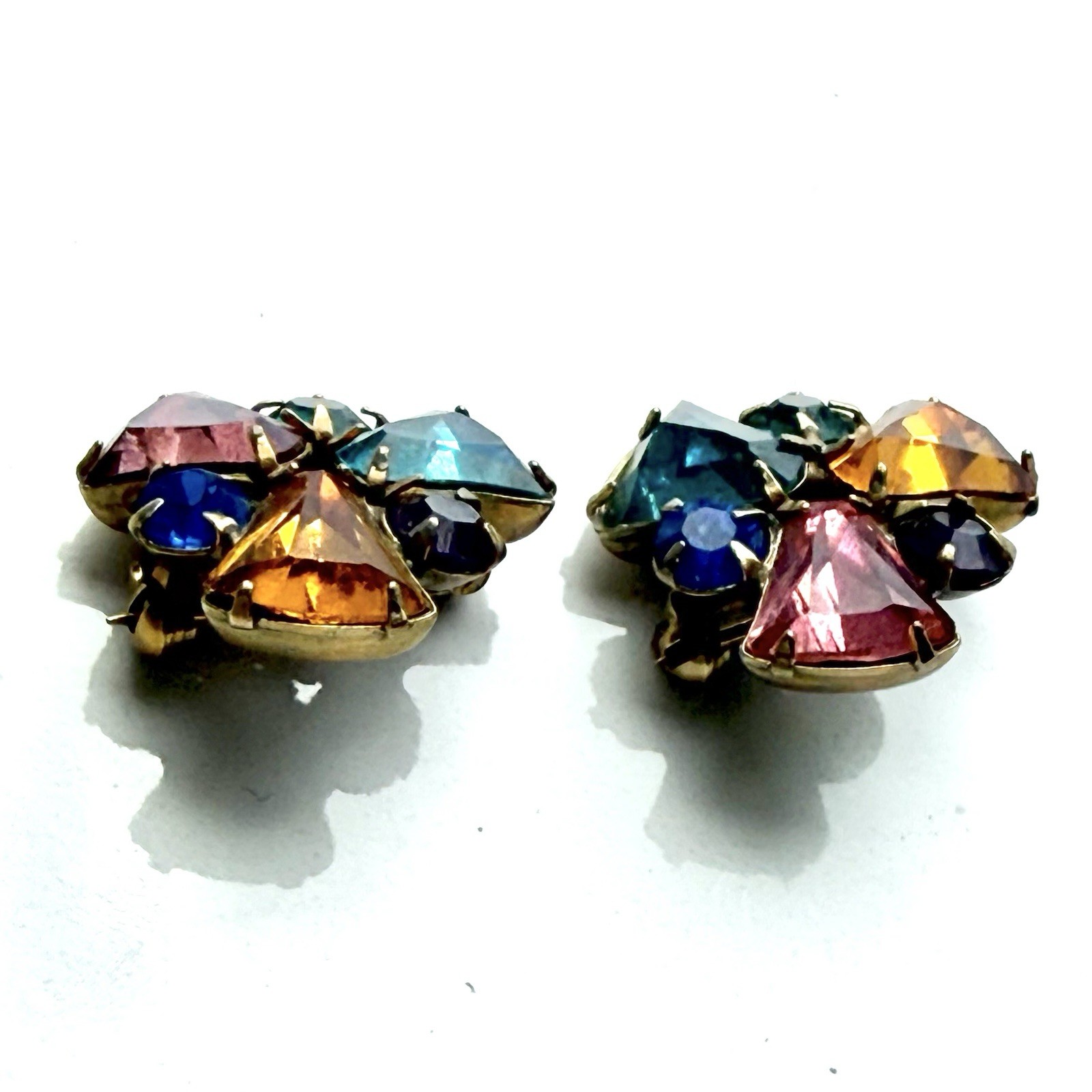 Vintage Rhinestone Scatter Collar Brooch / Pin Pair Multicolor Stones Gold Tone