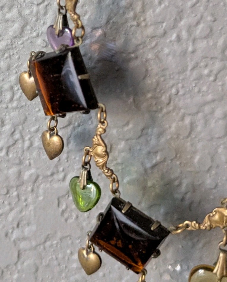 Vtg Art Glass Works Studio Brass Heart Charm Statement Necklace Amber Multi