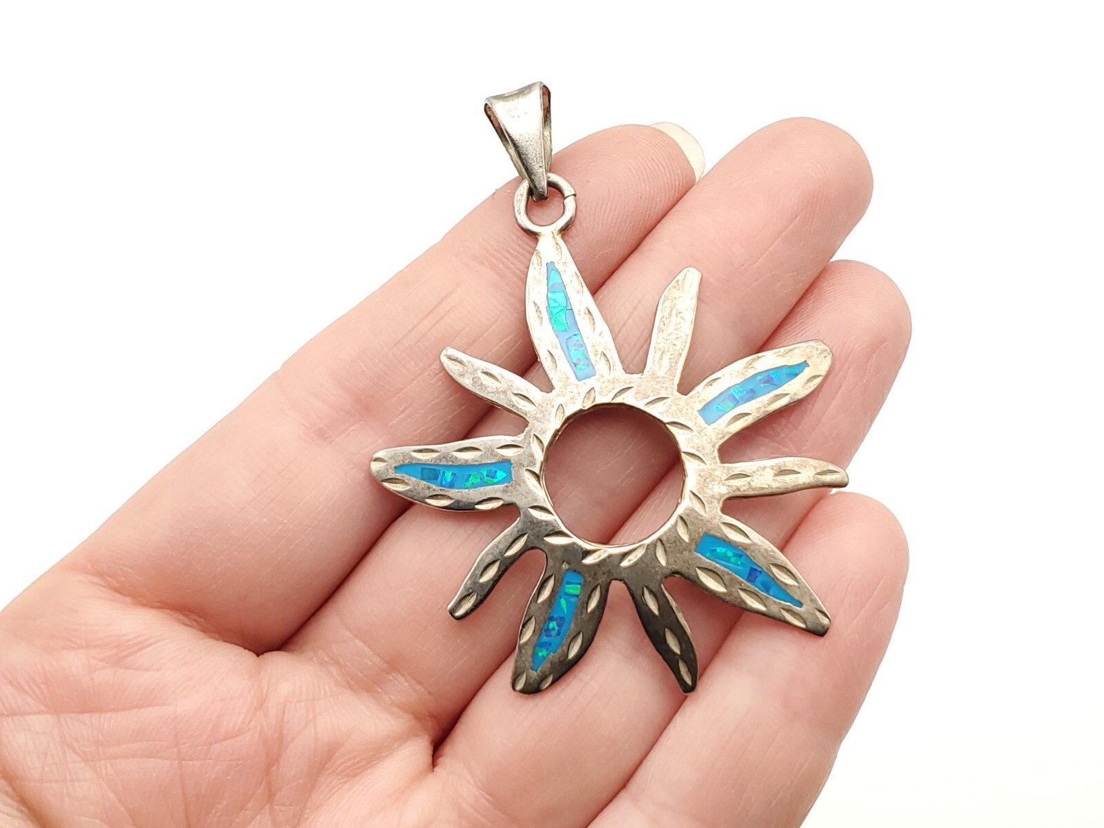 Vintage Sterling Silver Open Circle Sun Opal Inlay Mexico Pendant for Necklace