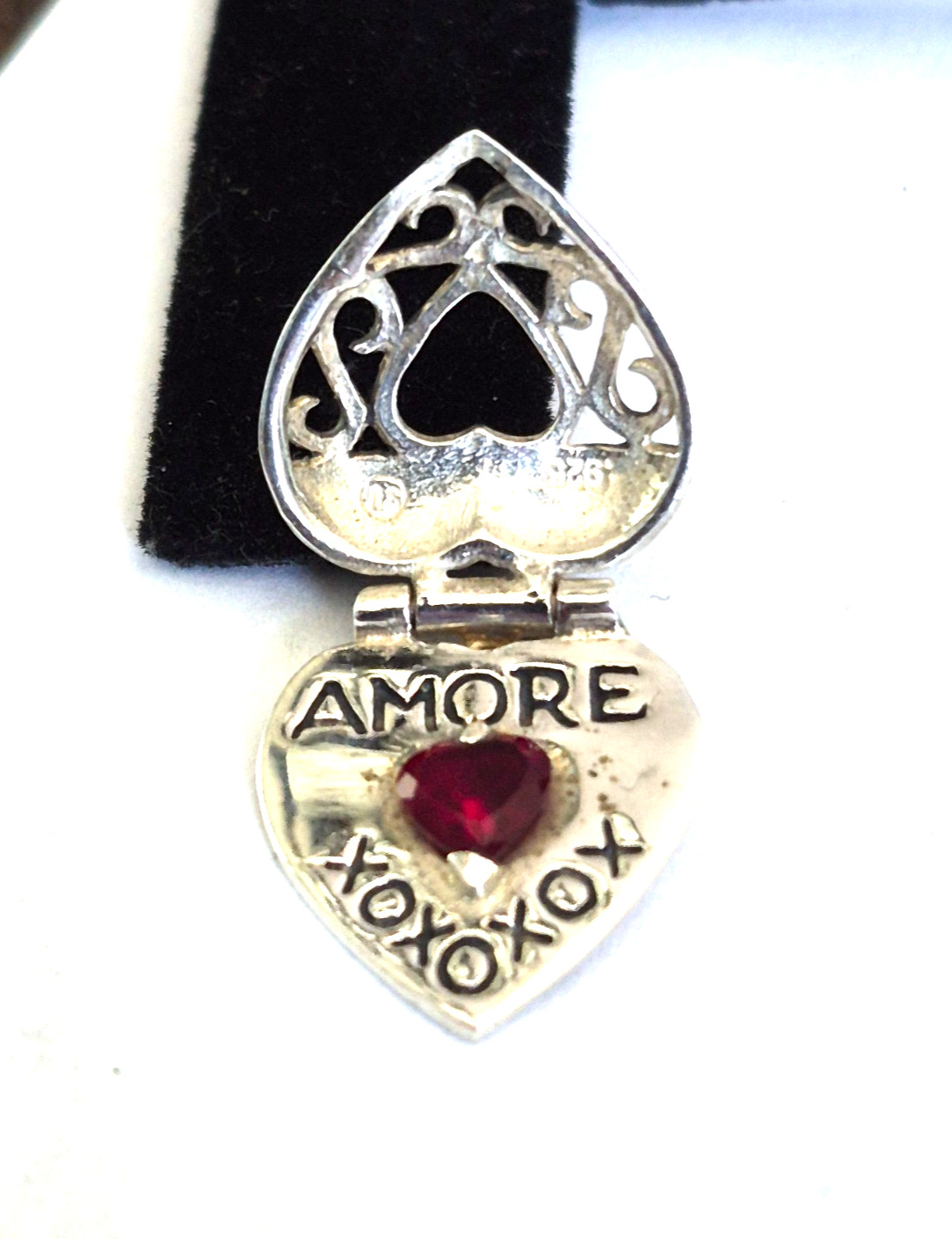 Vintage Sterling Silver Marked SU Ruby Scroll Work Double Heart Love Pendant