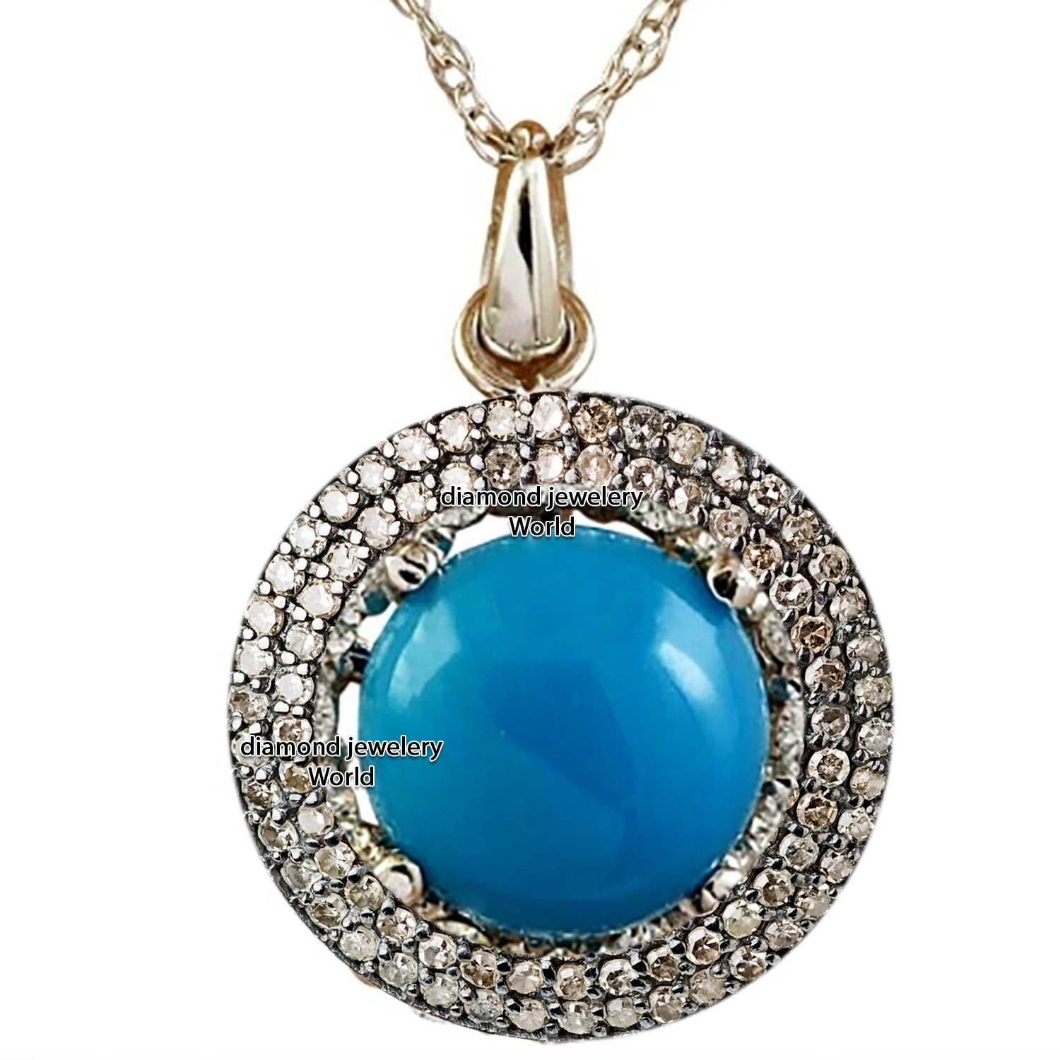 Vintage 0.89ct Rose Cut Diamond Turquoise Studded Silver Amazing Pendant Jewelry