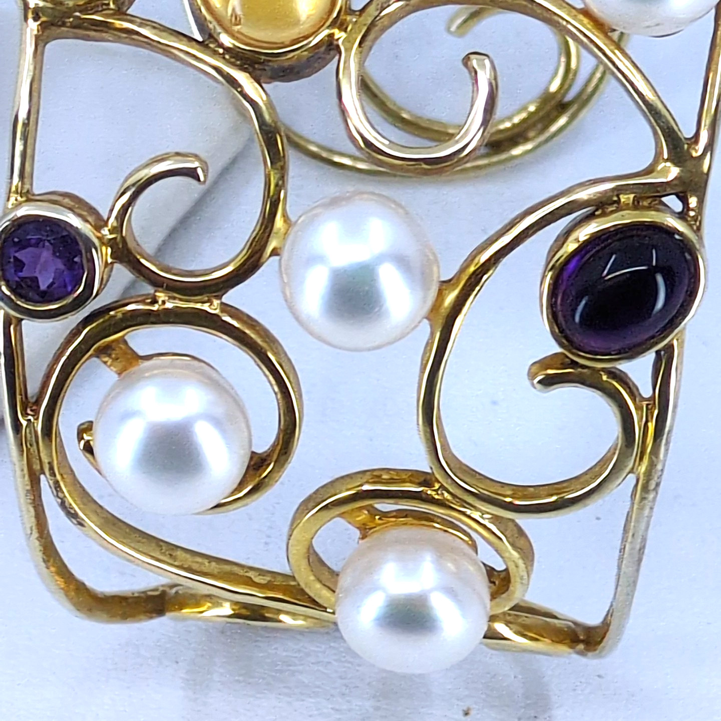 Gold Wash 925 Sterling Silver Multi-Gemstone & Mabe Pearl Filigree Cuff Bracelet