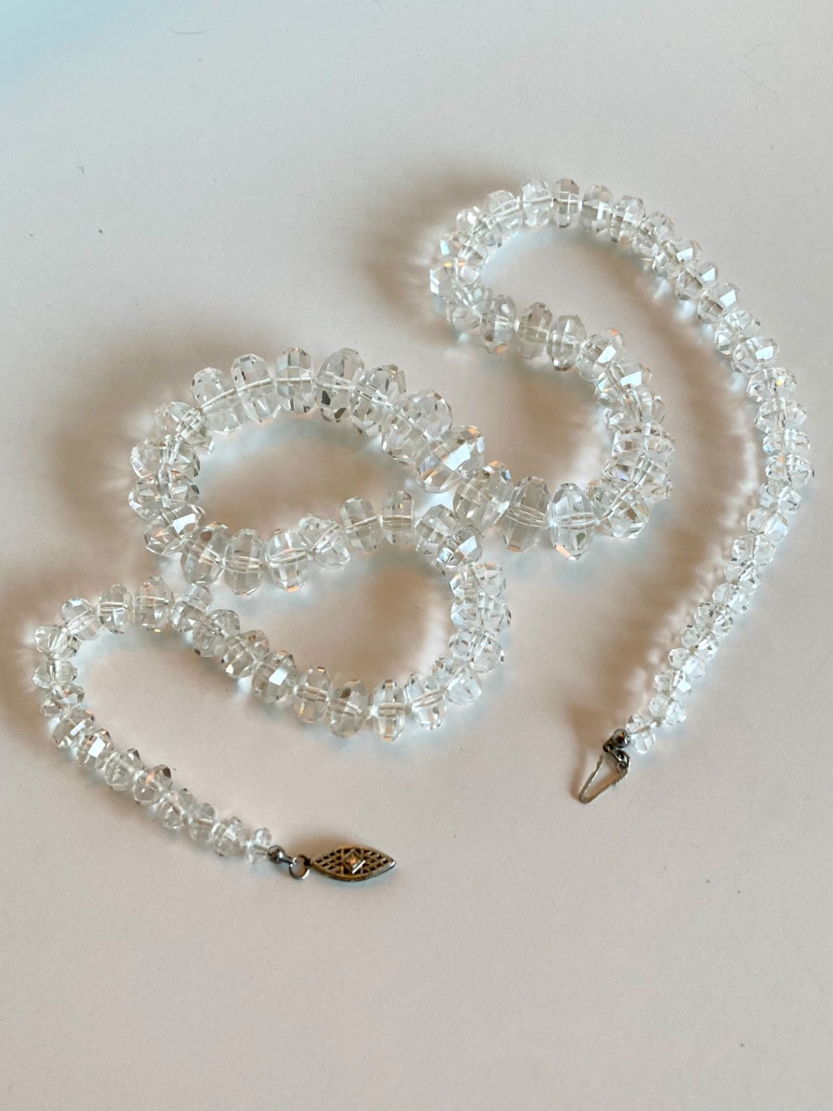 Art Deco Rock Crystal Graduated Hand Knotted 14k Diamond Clasp