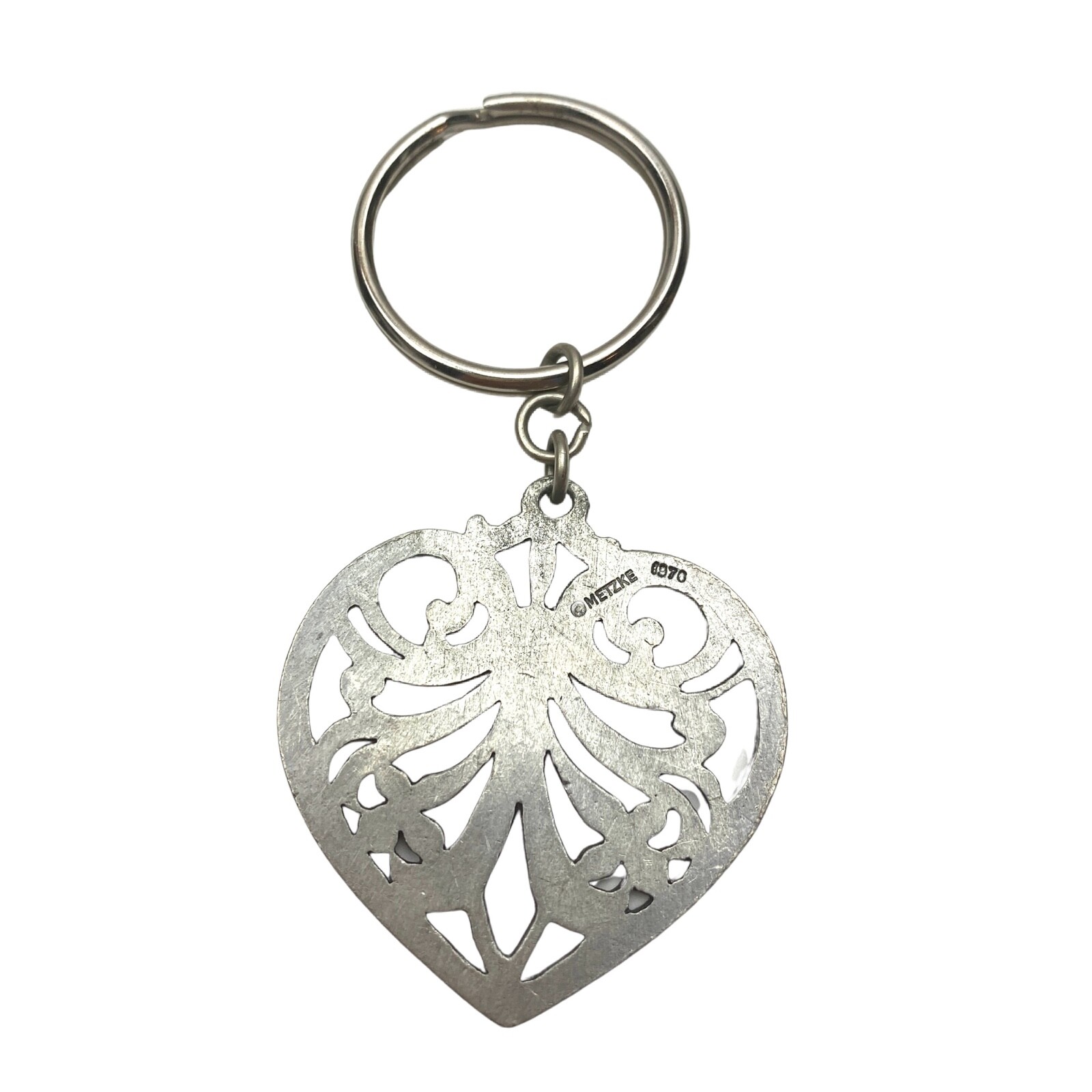 Vintage Pendant Heart or Key Ring 70’s Metzke Carved Out Skandia Pewter Metal