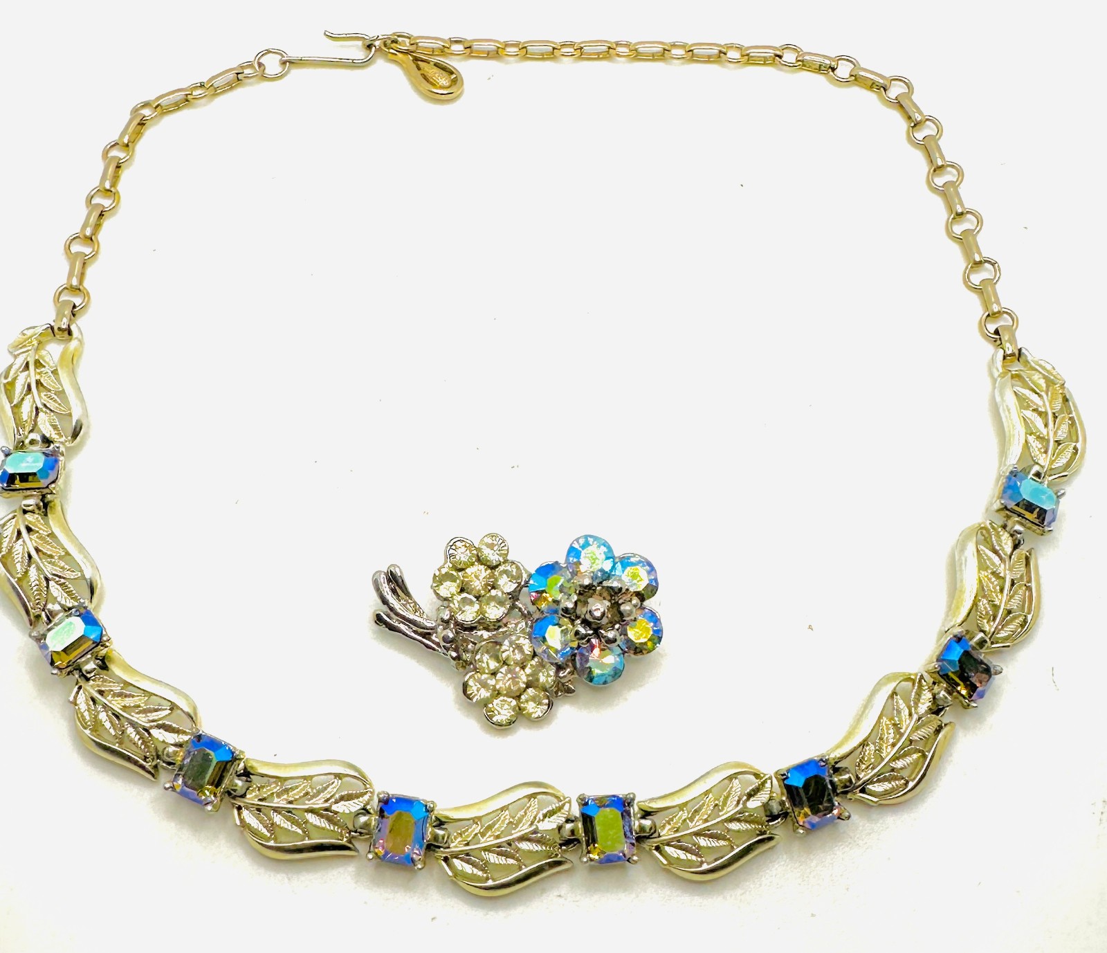 Vtg Lot Exceptional Blue Starlight AB Rhinestone CORO Necklace & Flower Brooch