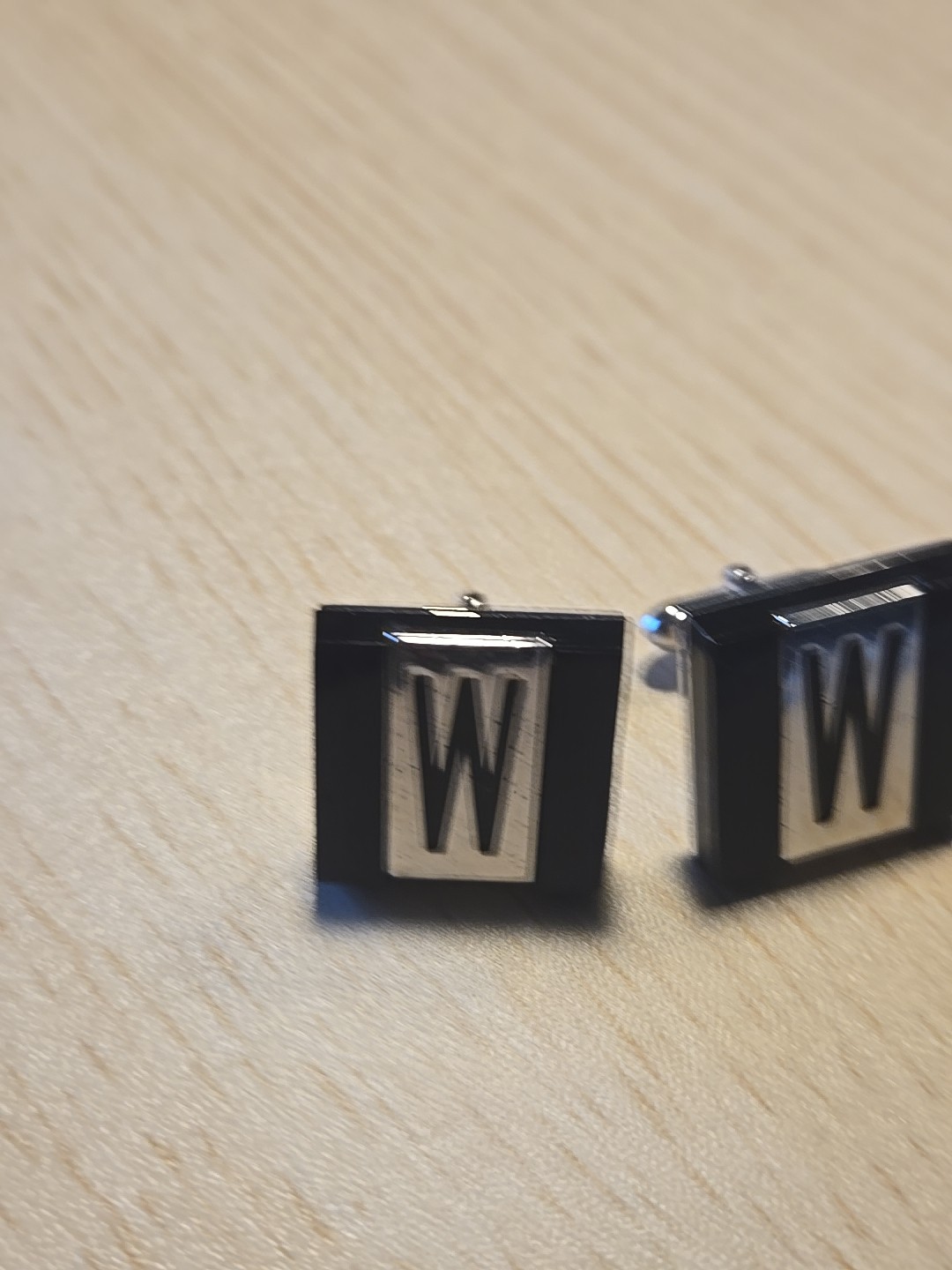 Vintage SWANK Cuff Links Tie Clip “W” Set Initial Silvertone Black Signed