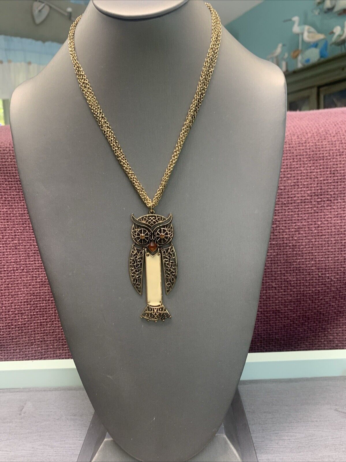 Vintage Boho Articulated, Owl, Gold, Multi Strand Pendant Necklace 18”