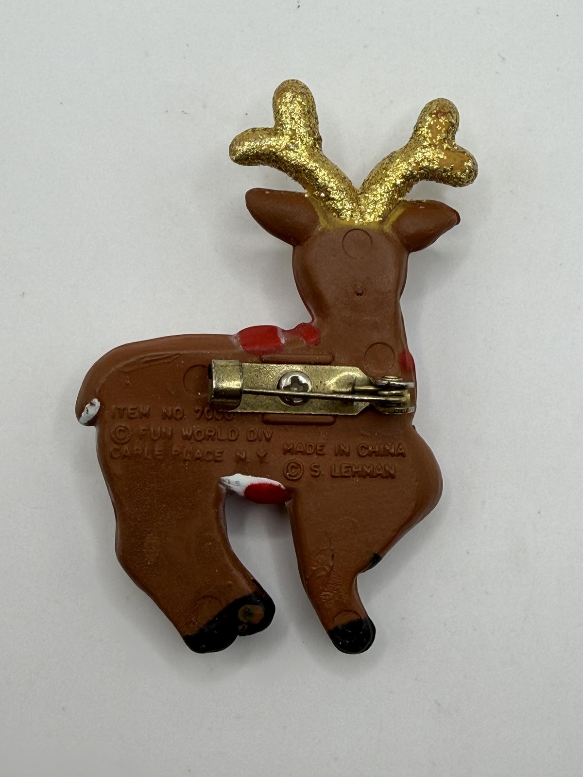 FUN WORLD S LEHMAN BROWN REINDEER CHRISTMAS PIN BROOCH GLITTER ANTLERS HOLIDAY
