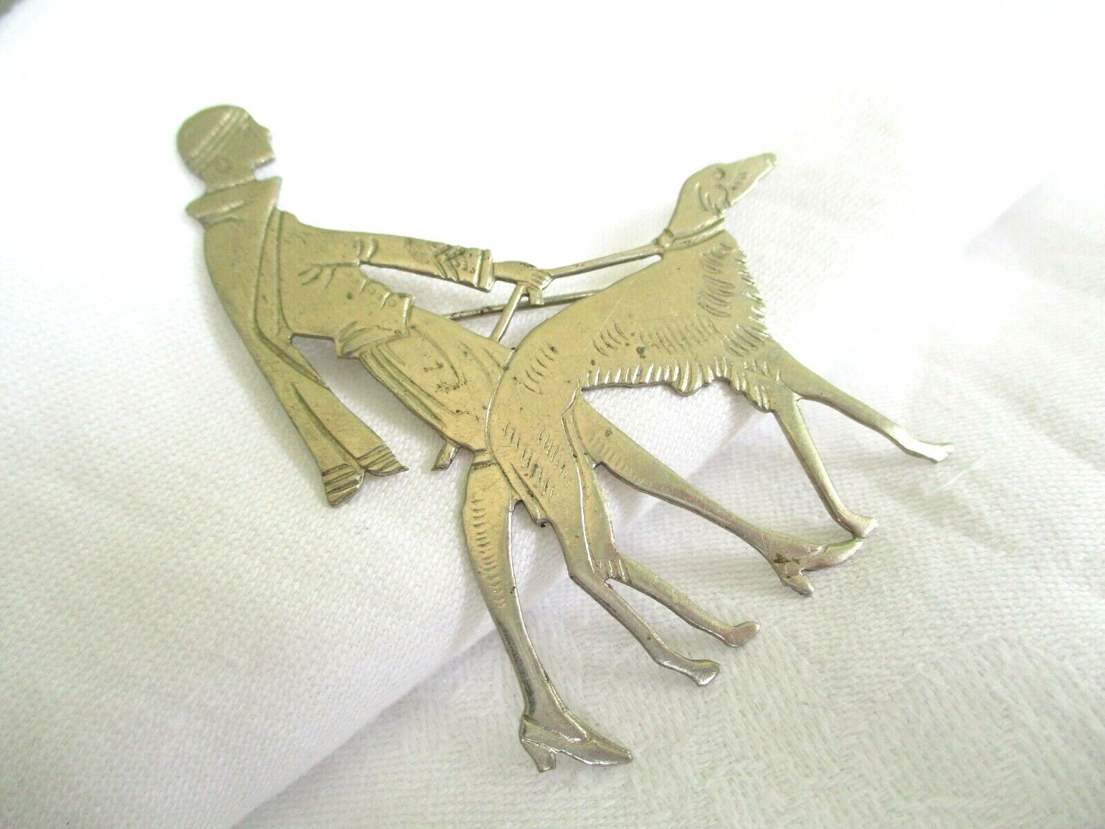 RARE Vogue ART DECO 1920s Vintage CHROME Lady Walking DOG Brooch PIN