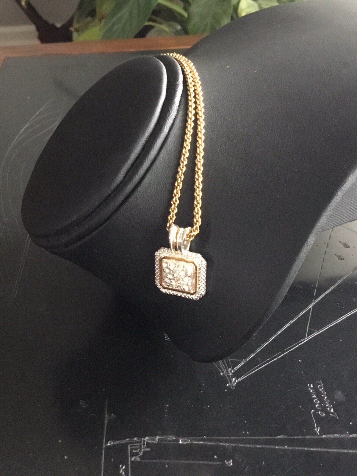 Signed Avon Silver & Gold Tone Square Rhinestone Paved Pendant On Popcorn Chain