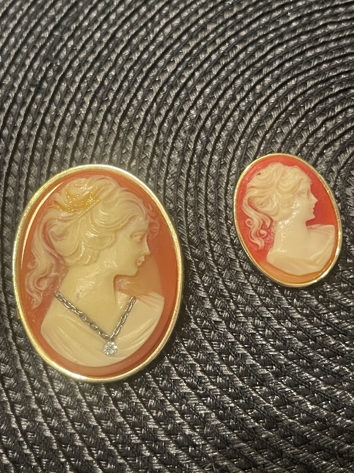 Vintage Cameo Portrait Oval Brooch Pin Set Gold Tone Cream Orange, Lot of 2