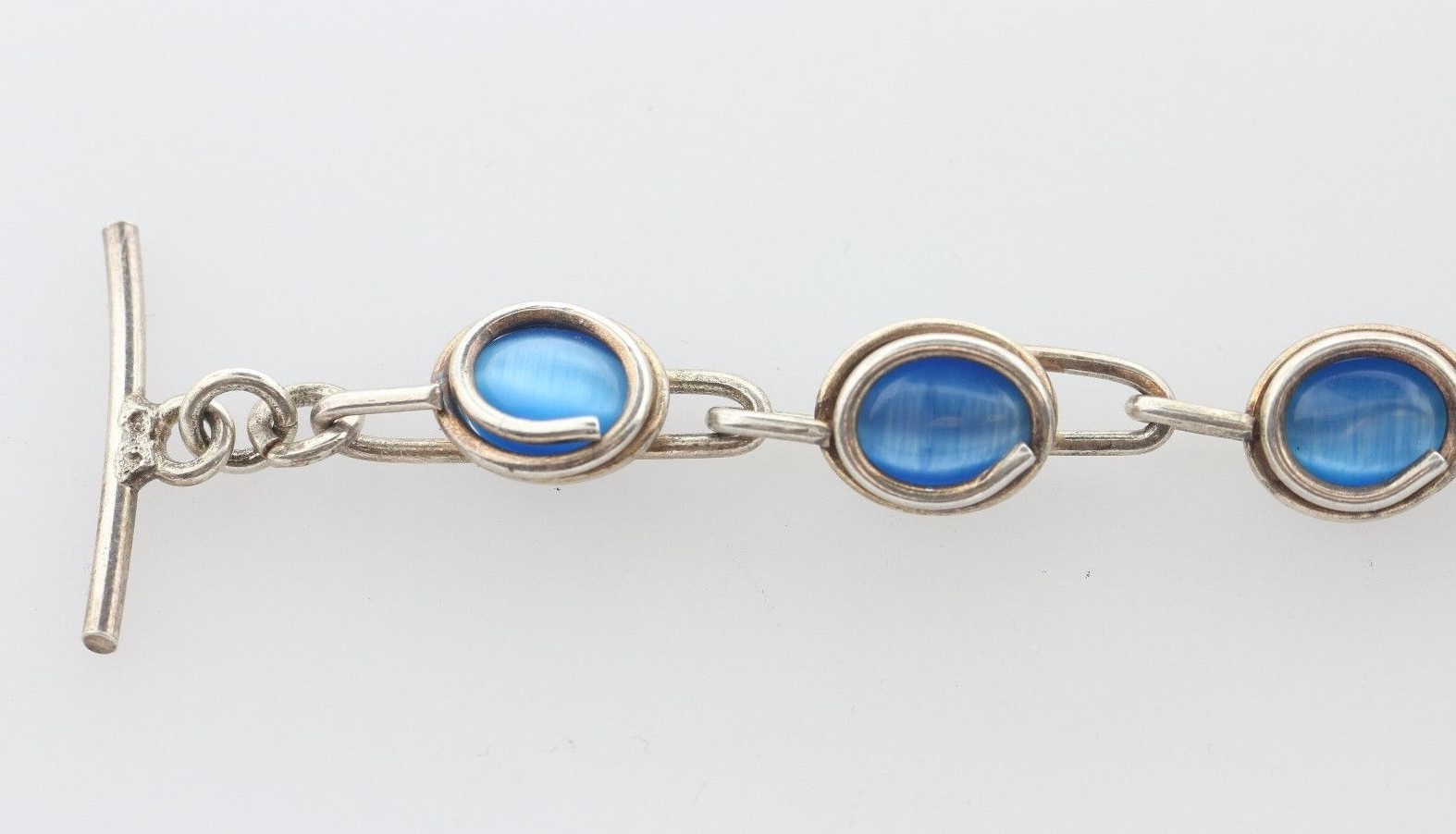 Sterling Silver 925 Wire Wrapped Oval Blue Tiger Eye Link Toggle Bracelet – 6.5″