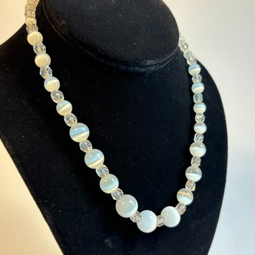 Vintage Necklace White Opalite Semi Precious Stone Beads Cats Eye Glass Crystal