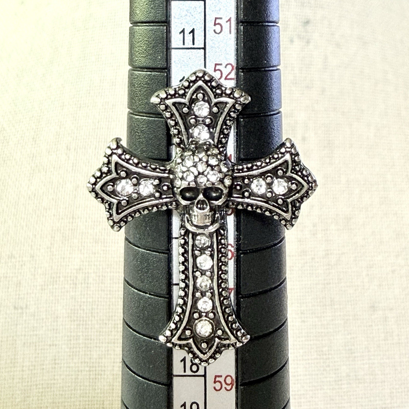Vtg Silvertone Cross Ring Skull RS Gothic Steam Punk Size 7 Rare Statement B