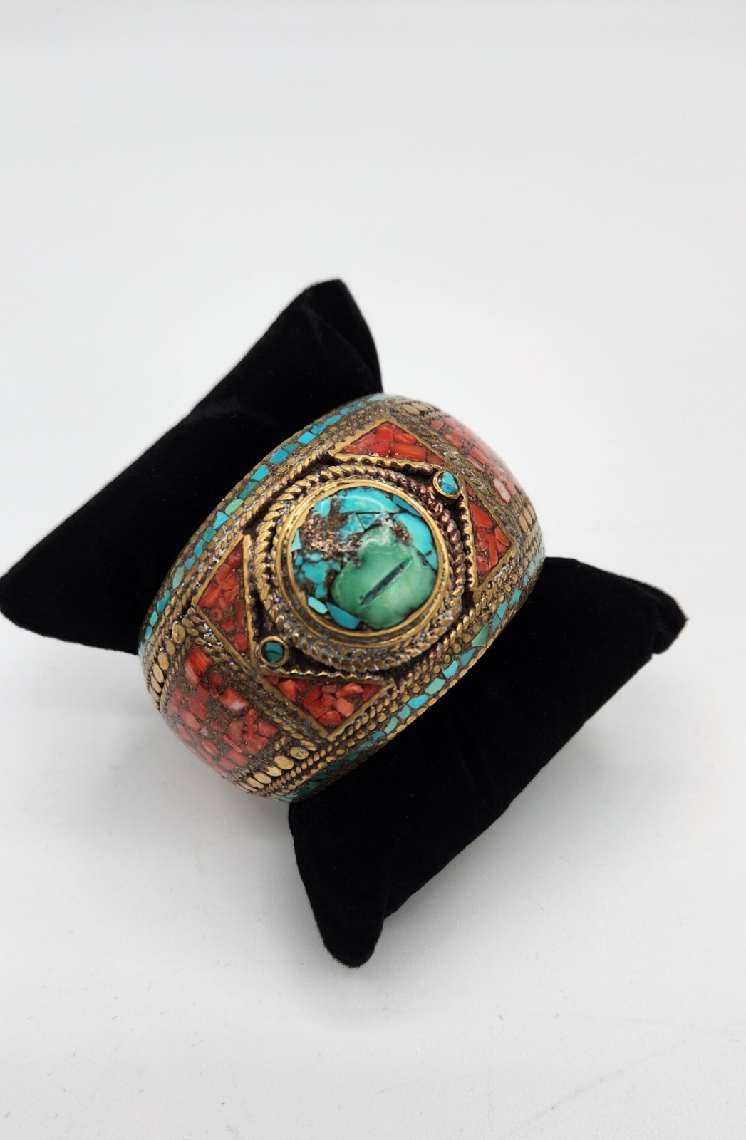 Vintage Brass Tibetan Style Inlaid Cuff Bracelet Multi Color Stones