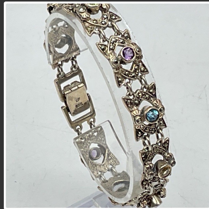 925Sterling Silver Multigemstone Marcasite Vintage Tennis Bracelet And Ring Set