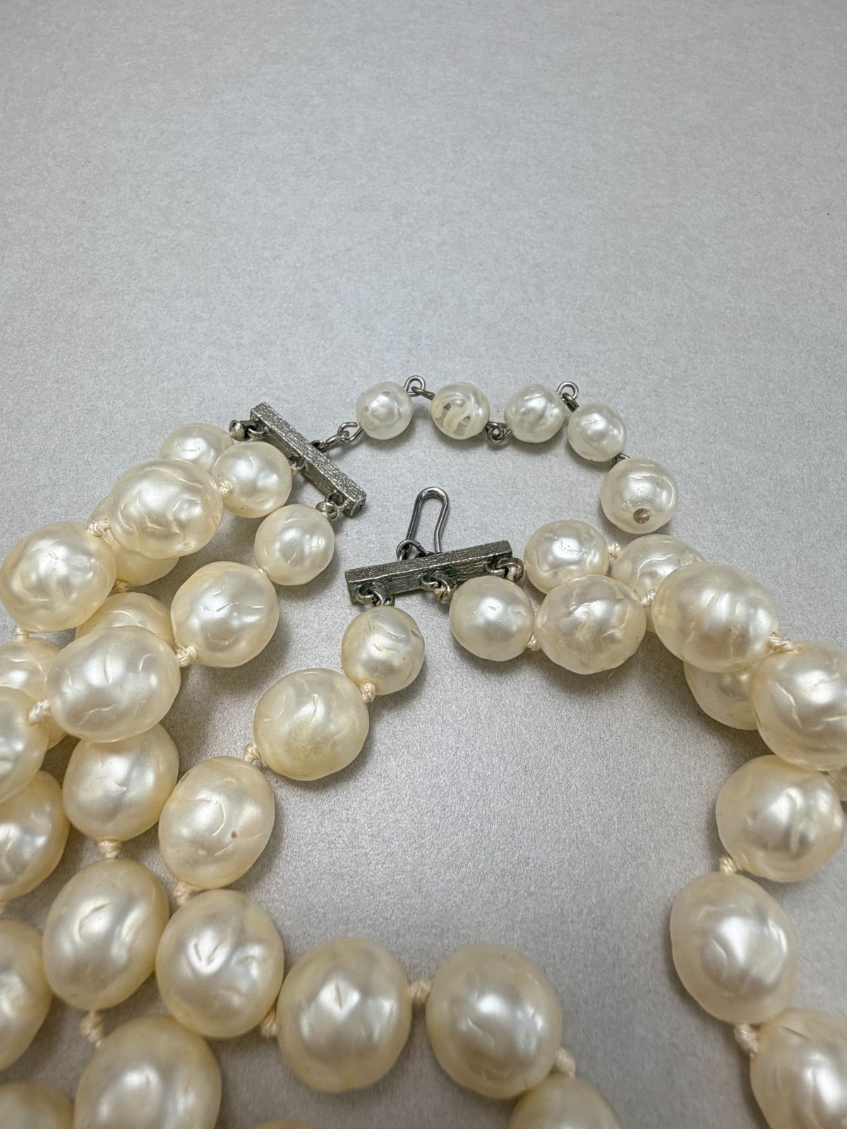 Vintage 3 Strand Baroque Faux Pearl Necklace Classic Elegant Bridal Style