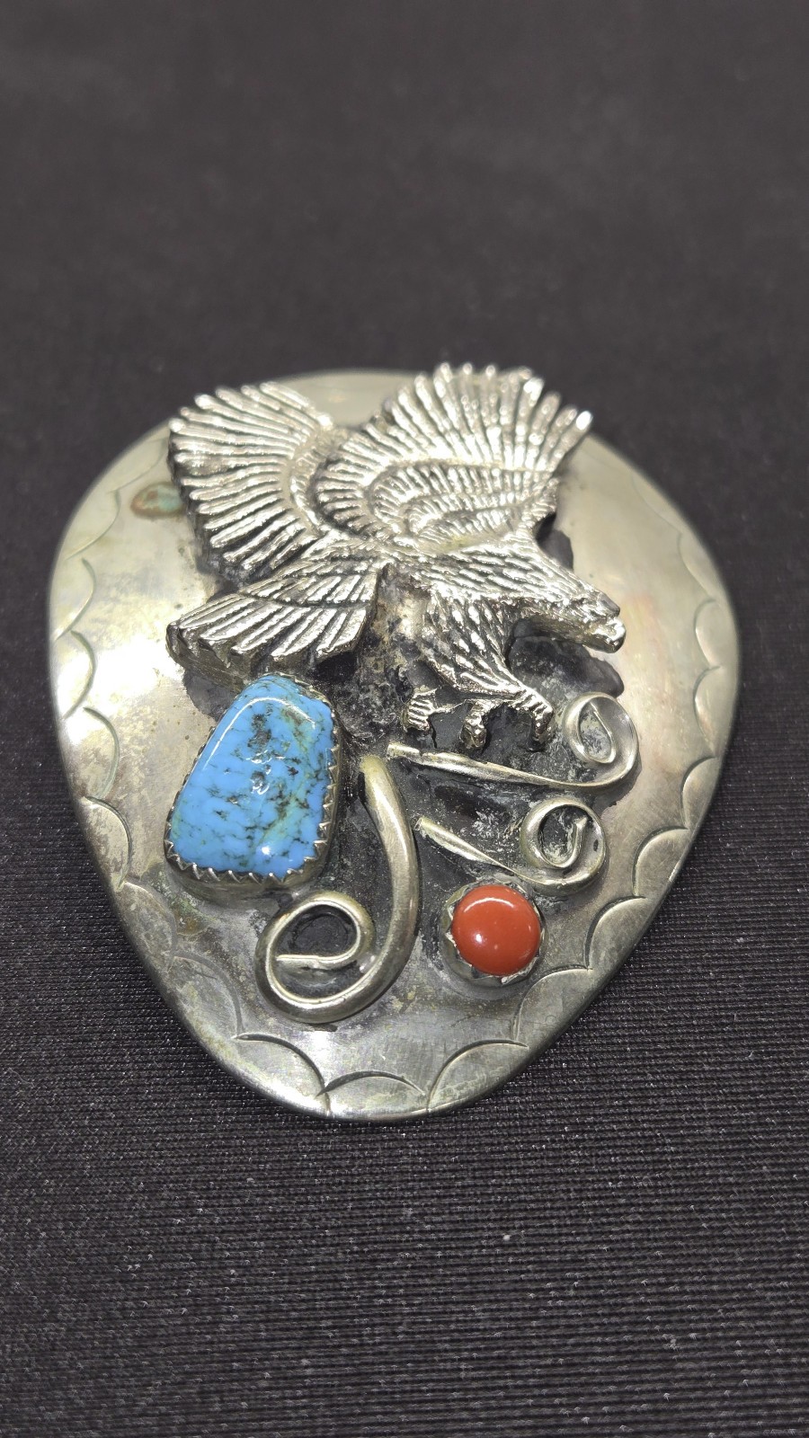 Vntg NAVAJO STERLING Silver Bolo Tie Attacking Eagle With TURQUOISE & Red CORAL