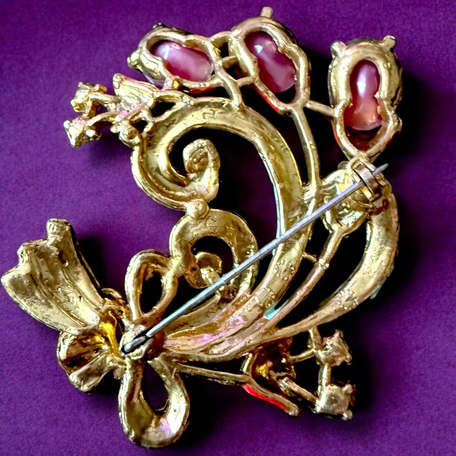 Pot Metal Flower Brooch 1940s Enamel Pink Cabochon Bouquet Vintage Large