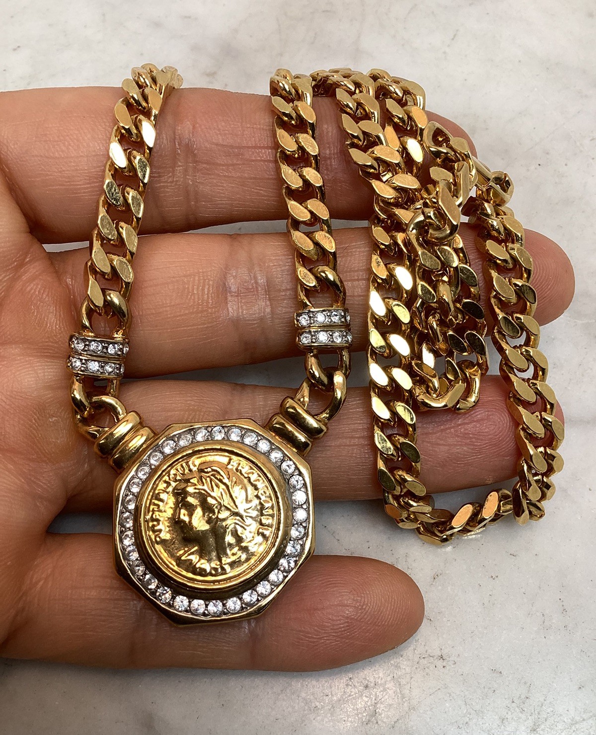 Vintage Gold Tone Roman Coin Rhinestone Pendant Curb Link Chain Necklace