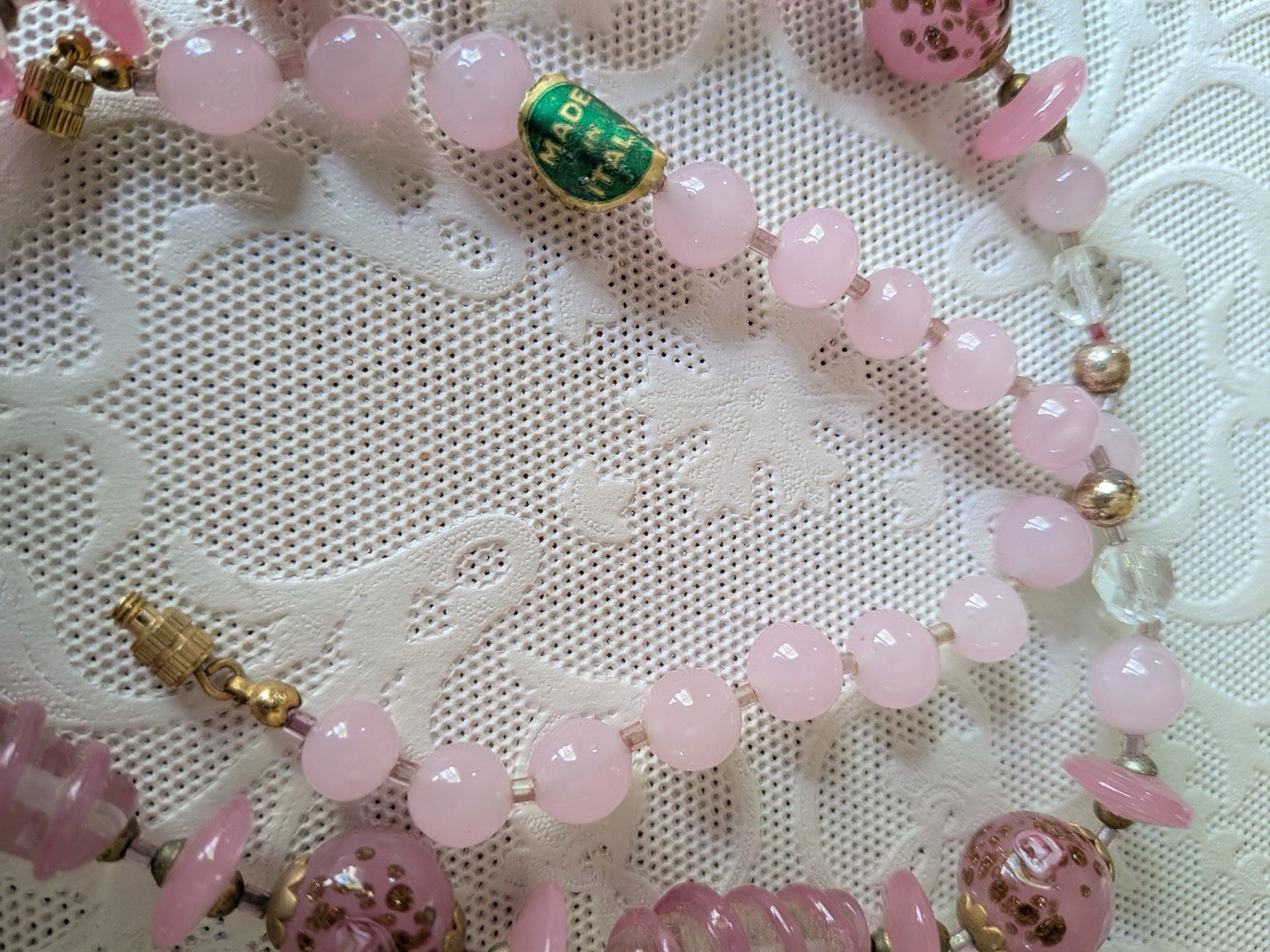New Vintage Venetian W/Label Pink Aventurine Wound Glass Bead Necklace 22 Inches