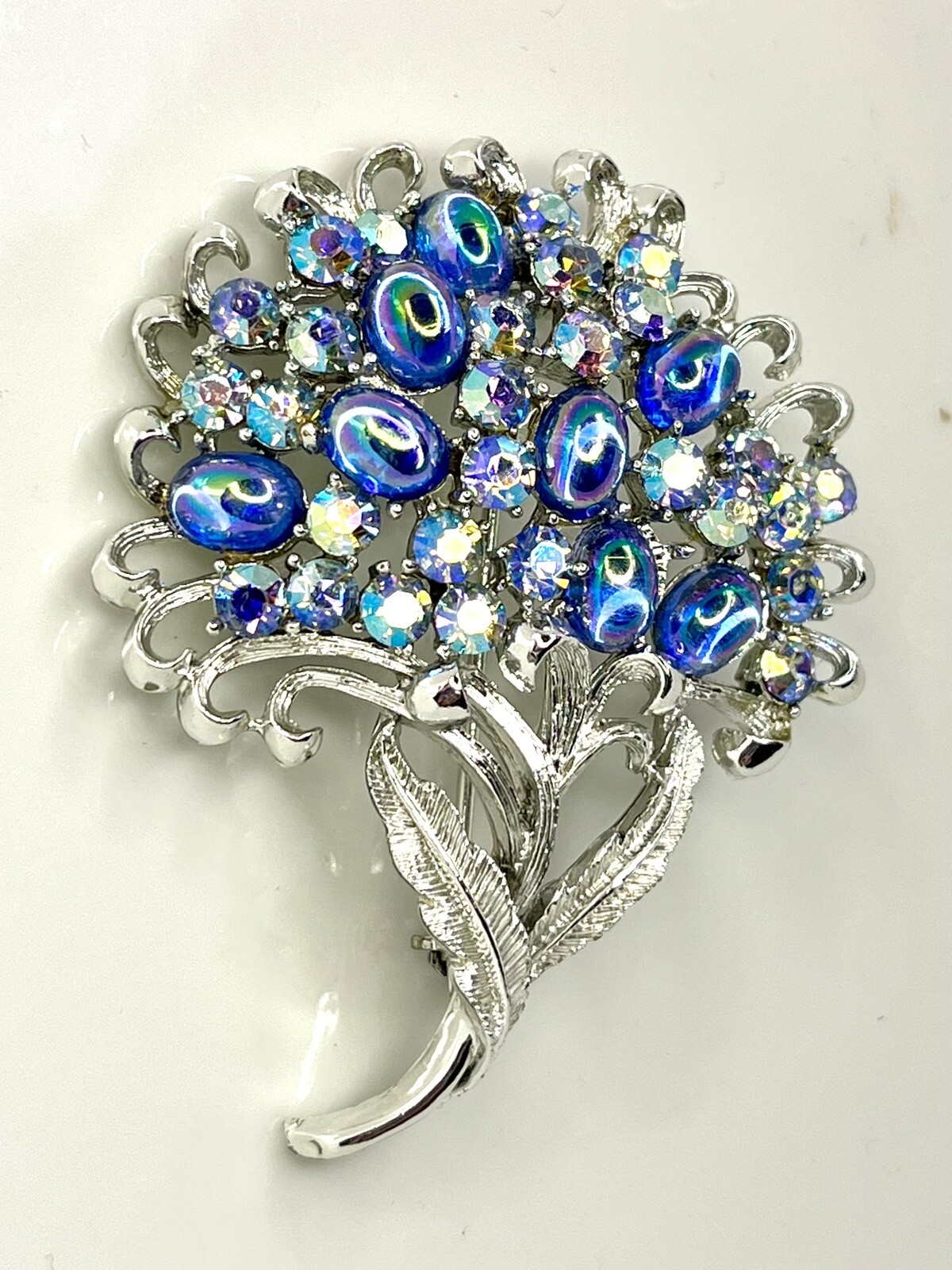 Coro Vtg Moonglow & Peacock AB Rhinestone BROOCH PIN & CLIP ON EARRINGS SET