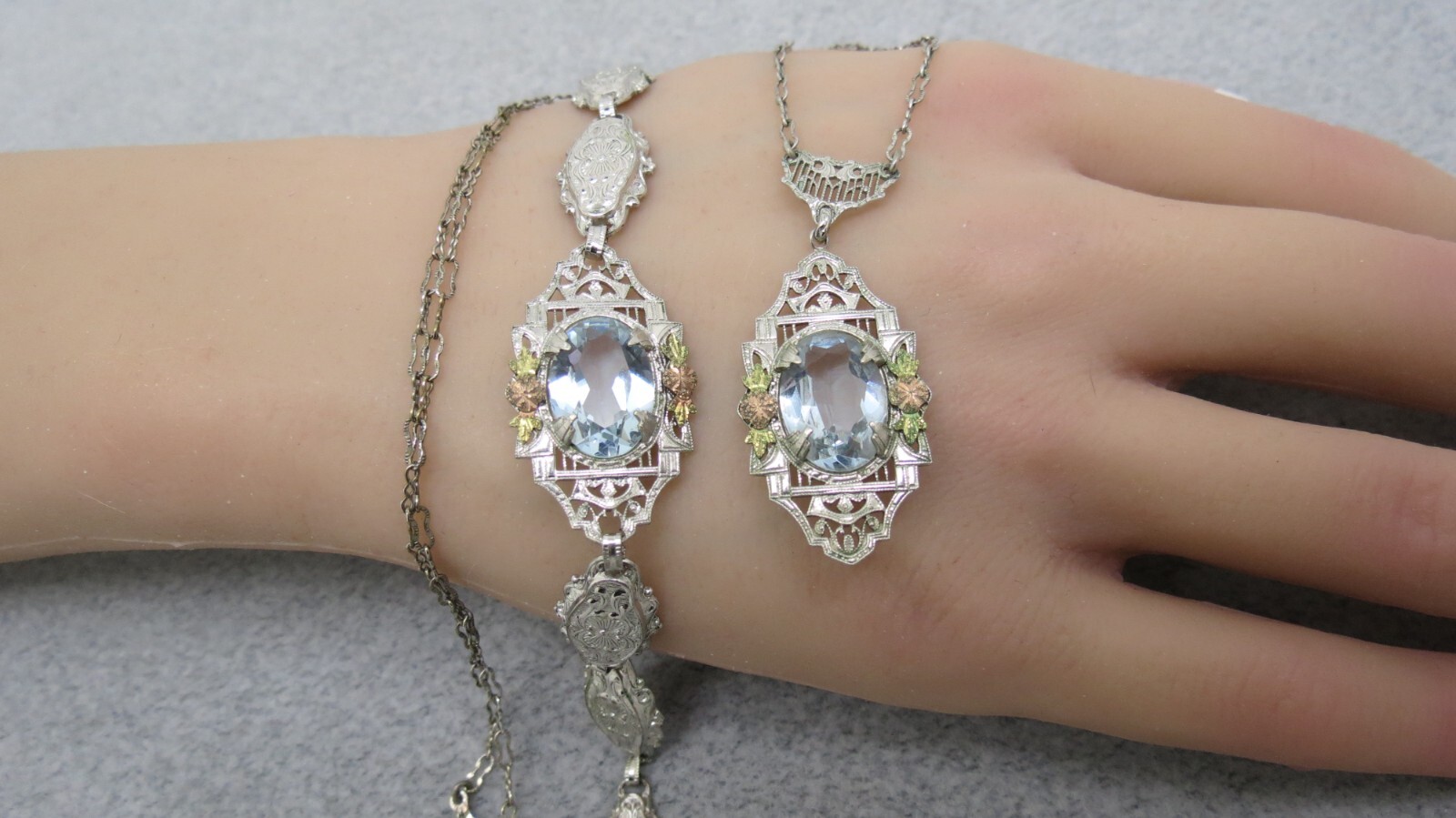 Antique Necklace Bracelet Silver Filigree Purple Stones Rose Gold Accent Flower