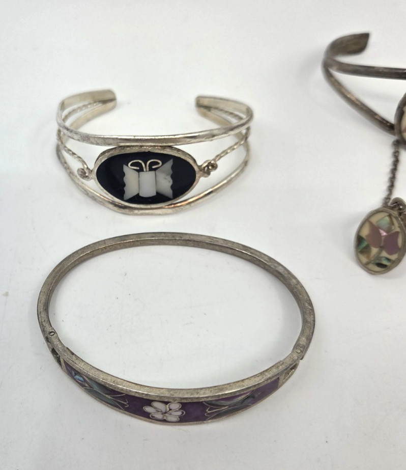 Vintage ALPACA Silver Inlaid Abalone & MOP Bracelets, Ring,& Bracelet Ring 6pc