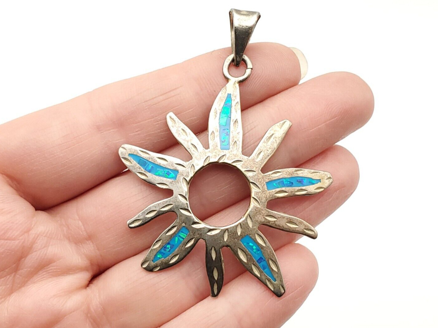 Vintage Sterling Silver Open Circle Sun Opal Inlay Mexico Pendant for Necklace