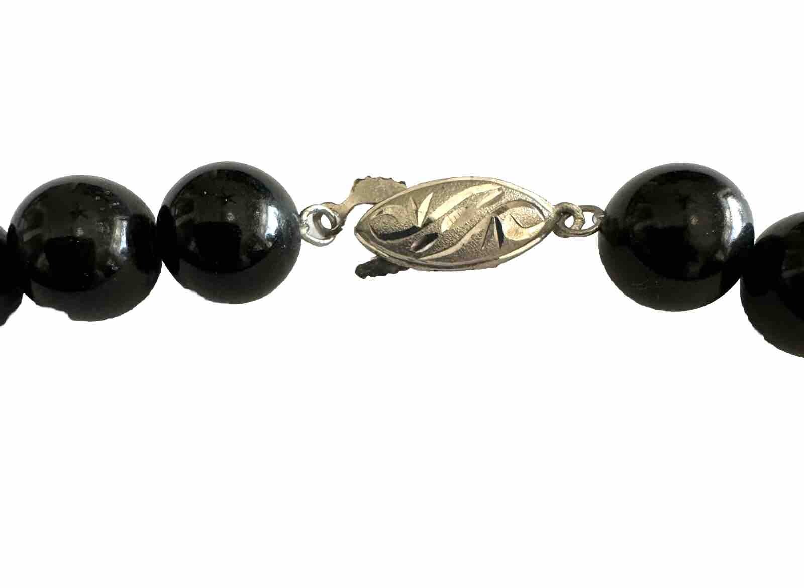 Black Onyx Beaded Necklace With Silver Fish Hook Clasp 16” 58g Weight