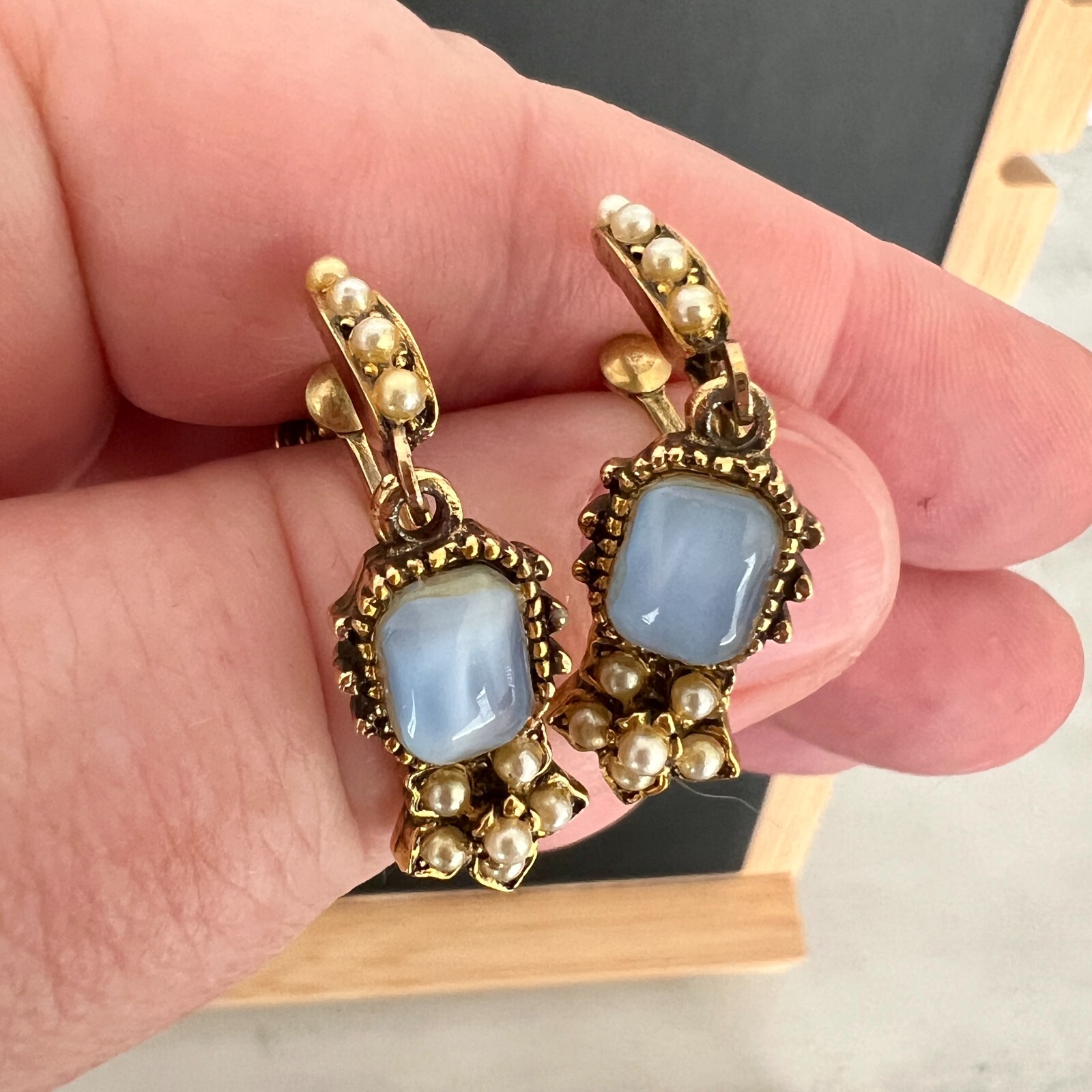 Vintage Screw-Back Earrings Gold-Tone with Blue Chalcedony-Like Stone