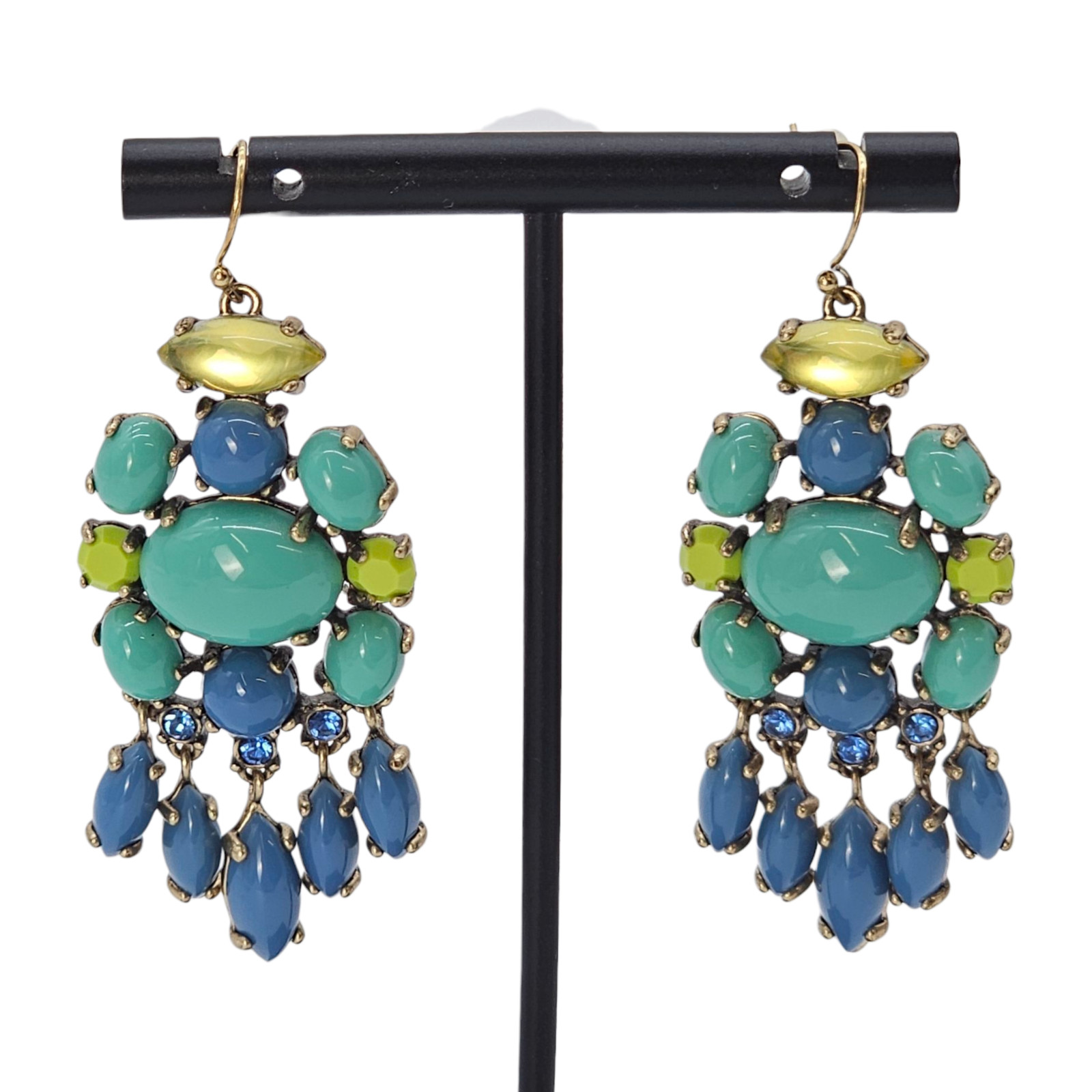 Stella & Dot Chandelier Dangle Earrings Lime Sea Green Turquoise Blue Signed