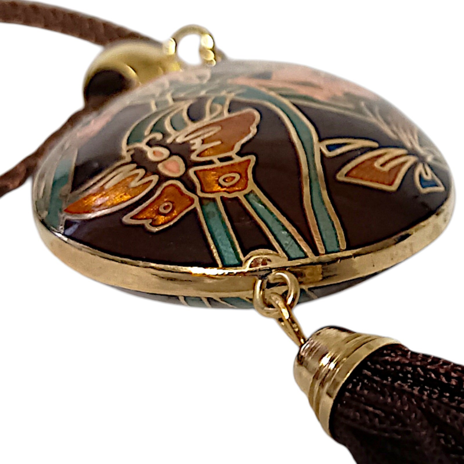 Vtg Butterfly Cloisonne Necklace 70s Pendant Tassel Woven Cord Brown Dual Sided