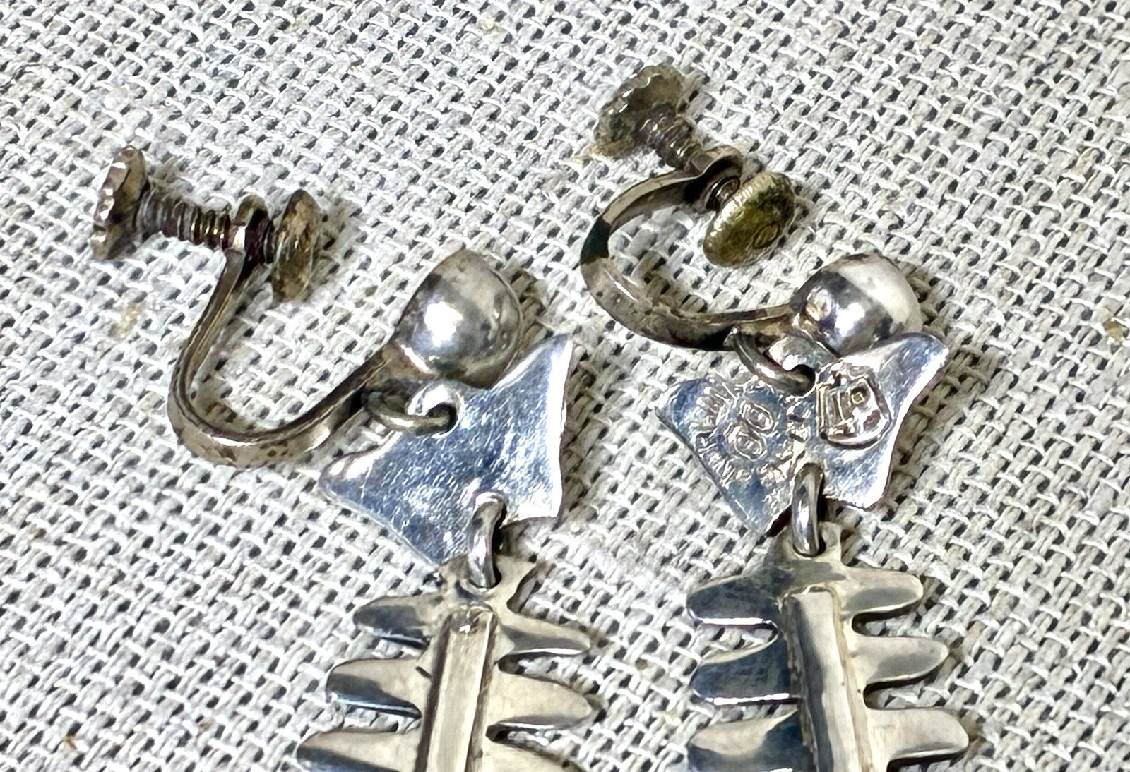 Taxco Silver Fish Dangle Earrings signed IP with Eagle Modernist Screw Back