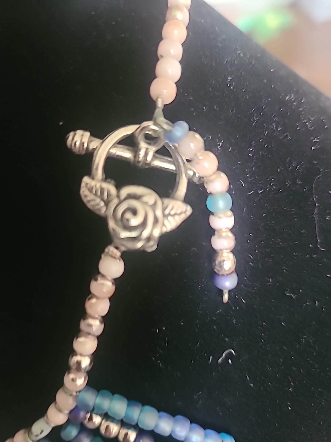 Vintage Artisan Crafted 925 Toggle Side Clasp Tassel Necklace Blue Pinks Silver